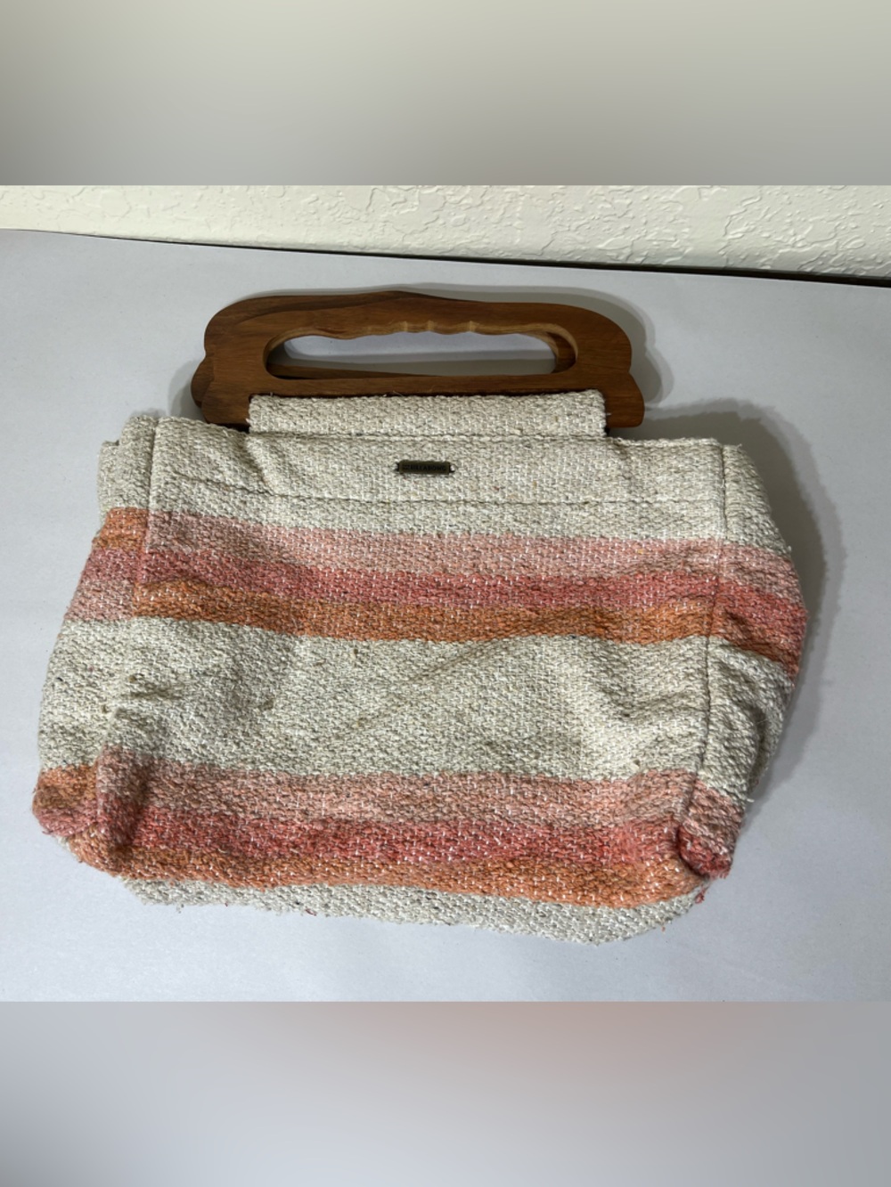 Billabong Cream and Coral Striped Woven Handbag with Wooden Handle